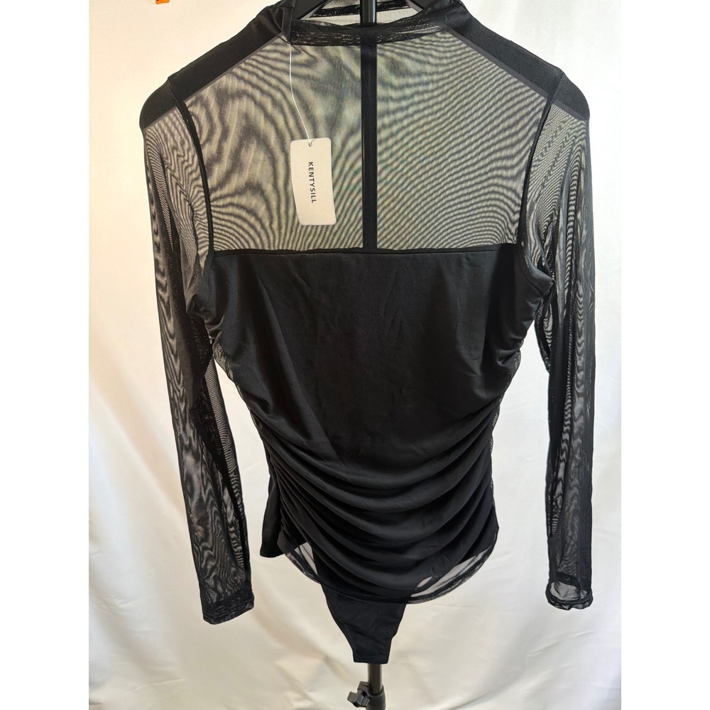 KENTYSILL Black Mesh Panel Ruched Long Sleeve Mock Neck Bodysuit NWT